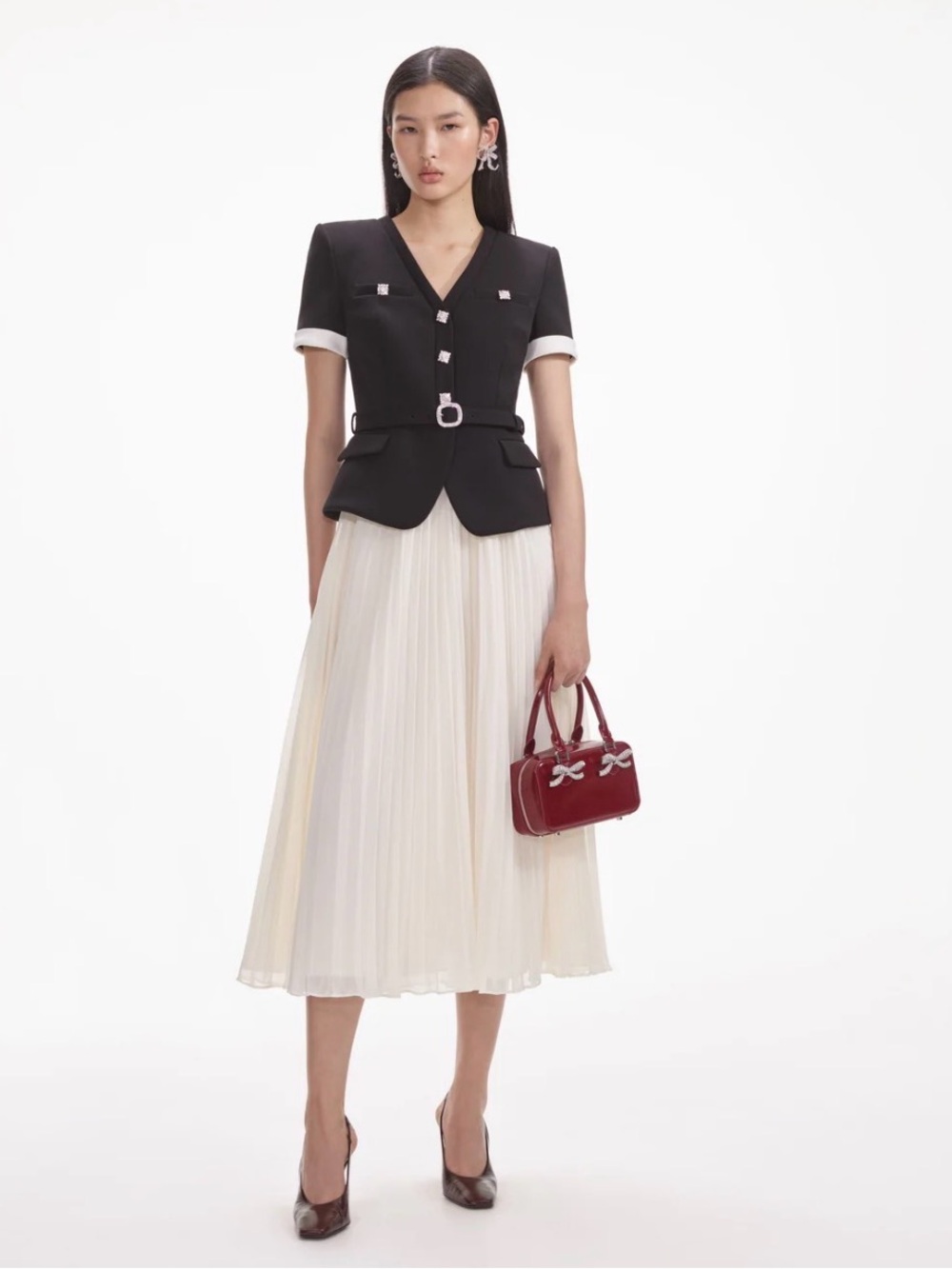 Self-Portrait Black and Cream Midi Dress with Pleated Skirt